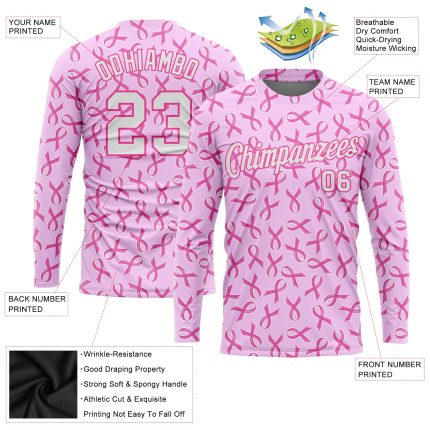 Breast Cancer Awareness Custom 3D Pattern Long Sleeve Performance T-Shirt in Pink & White Custom Pink White Breast Cancer