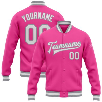 Pink White Gray Custom Bomber Varsity Letterman Jacket Full-Snap Style Custom Pink White-Gray Bomber Full-Snap Varsity Letterman