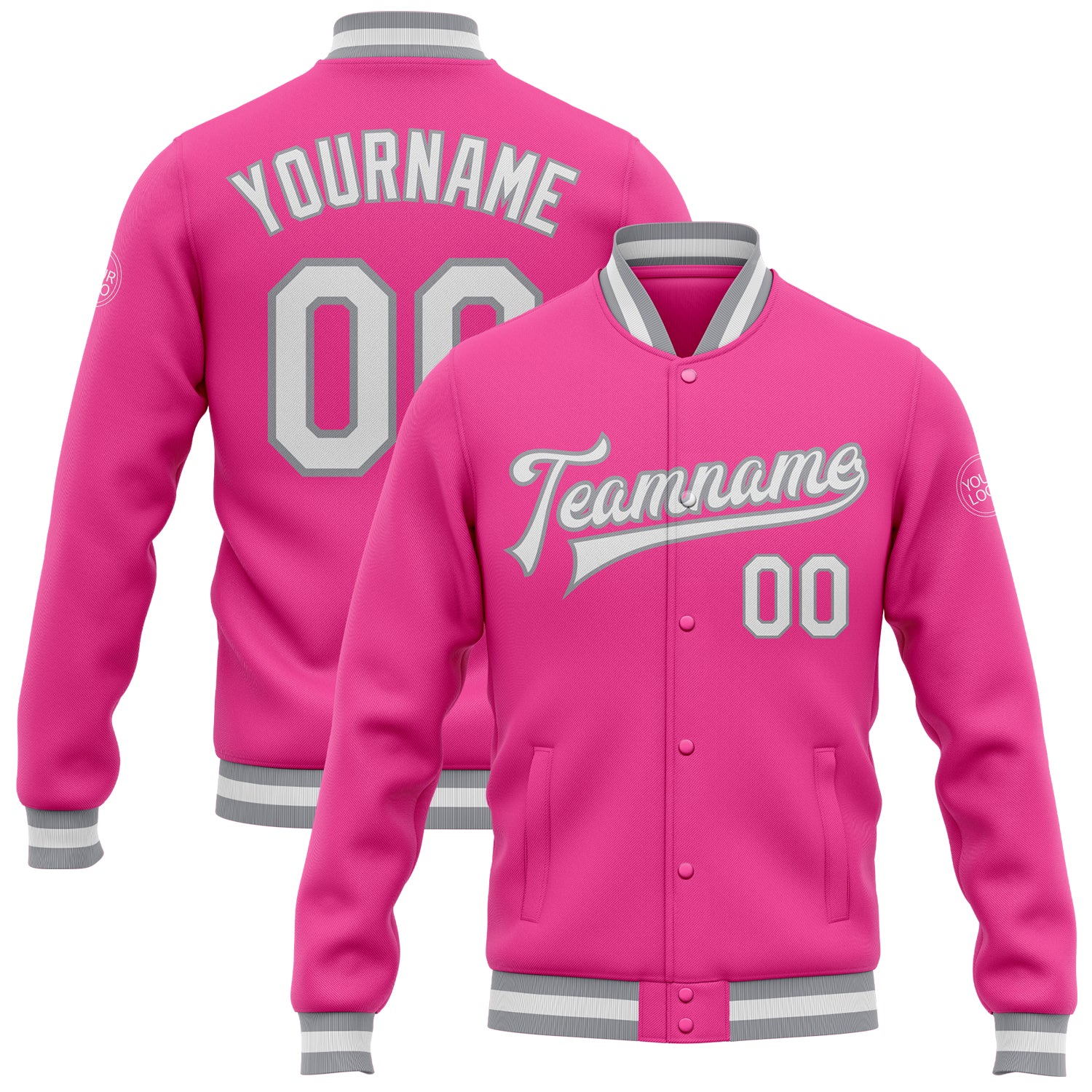 Pink White Gray Custom Bomber Varsity Letterman Jacket Full-Snap Style Custom Pink White-Gray Bomber Full-Snap Varsity Letterman
