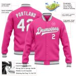 Pink White Gray Custom Bomber Varsity Letterman Jacket Full-Snap Style Custom Pink White-Gray Bomber Full-Snap Varsity Letterman
