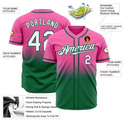 Custom Pink White Kelly Green Baseball Jersey Authentic Fade Fashion Design Custom Pink White-Kelly Green Authentic Fade