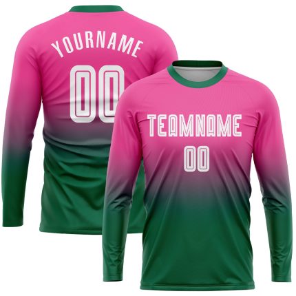 Custom Pink White Kelly Green Soccer Jersey Long Sleeve Sublimation Fade Fashion Uniform Custom Pink White-Kelly Green Sublimation