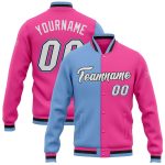 Custom Bomber Fashion Jacket in Pink White Light Blue Black - Full Snap Varsity Letterman Style Custom Pink White Light Blue-Black