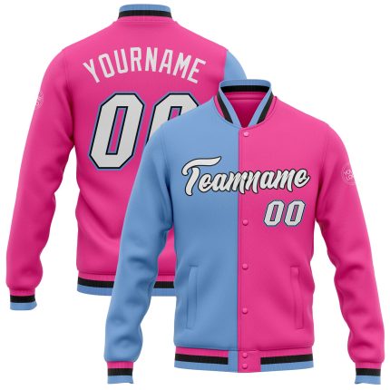 Custom Bomber Fashion Jacket in Pink White Light Blue Black - Full Snap Varsity Letterman Style Custom Pink White Light Blue-Black