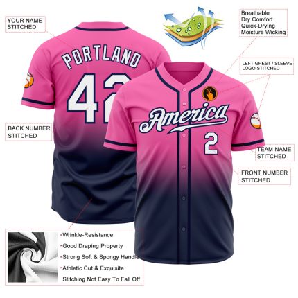 Custom Pink White Navy Baseball Jersey - Authentic Fade Fashion Design Custom Pink White-Navy Authentic Fade Fashion Baseball