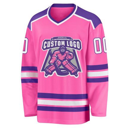 Custom pink, white and purple hockey jersey, back view