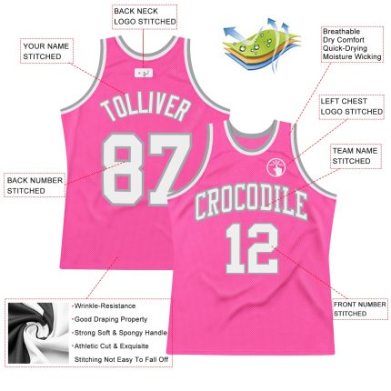 Custom Pink White Silver Gray Sports Basketball Jersey Authentic Throwback Custom Pink White-Silver Gray Authentic Throwback