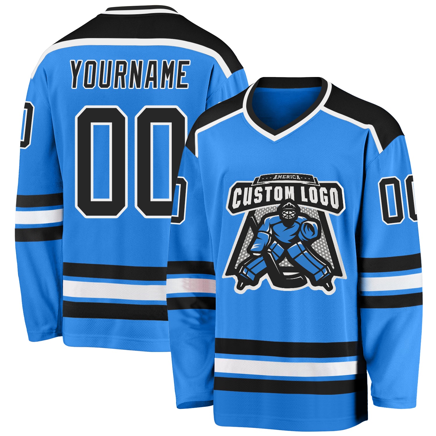 Custom Powder Blue Black-White Hockey Jersey Custom Powder Blue Hockey Jersey - Black and White Design, Personalized Sports Apparel Custom Powder Blue Black-White Hockey