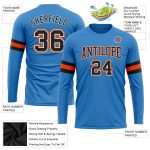 Custom Long Sleeve Performance T-Shirt in Powder Blue, Black, and Orange Custom Powder Blue Black White-Orange Long Sleeve