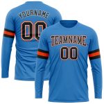 Custom Long Sleeve Performance T-Shirt in Powder Blue, Black, and Orange Custom Powder Blue Black White-Orange Long Sleeve