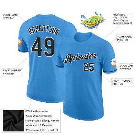 Custom Powder Blue Performance T-Shirt - Black and White Design, Athletic Wear for Men and Women Custom Powder Blue Black-White