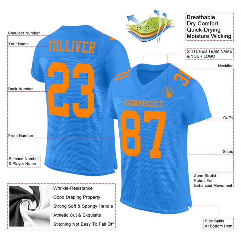 Custom Powder Blue Blaze Orange Authentic Football Jersey - Mesh Design, Personalized Sports Apparel Custom Powder Blue Blaze