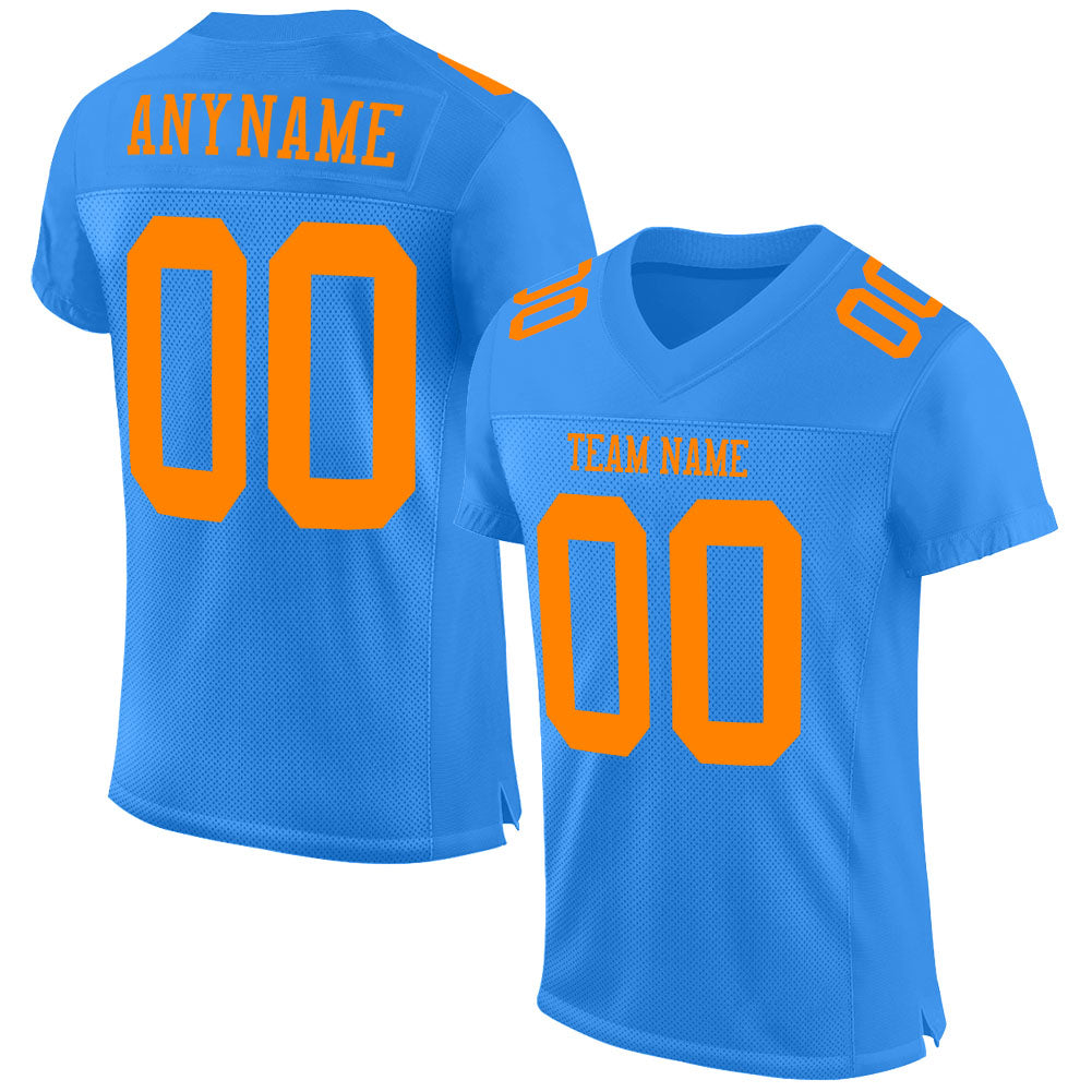 Custom Powder Blue Blaze Orange Authentic Football Jersey - Mesh Design, Personalized Sports Apparel Custom Powder Blue Blaze