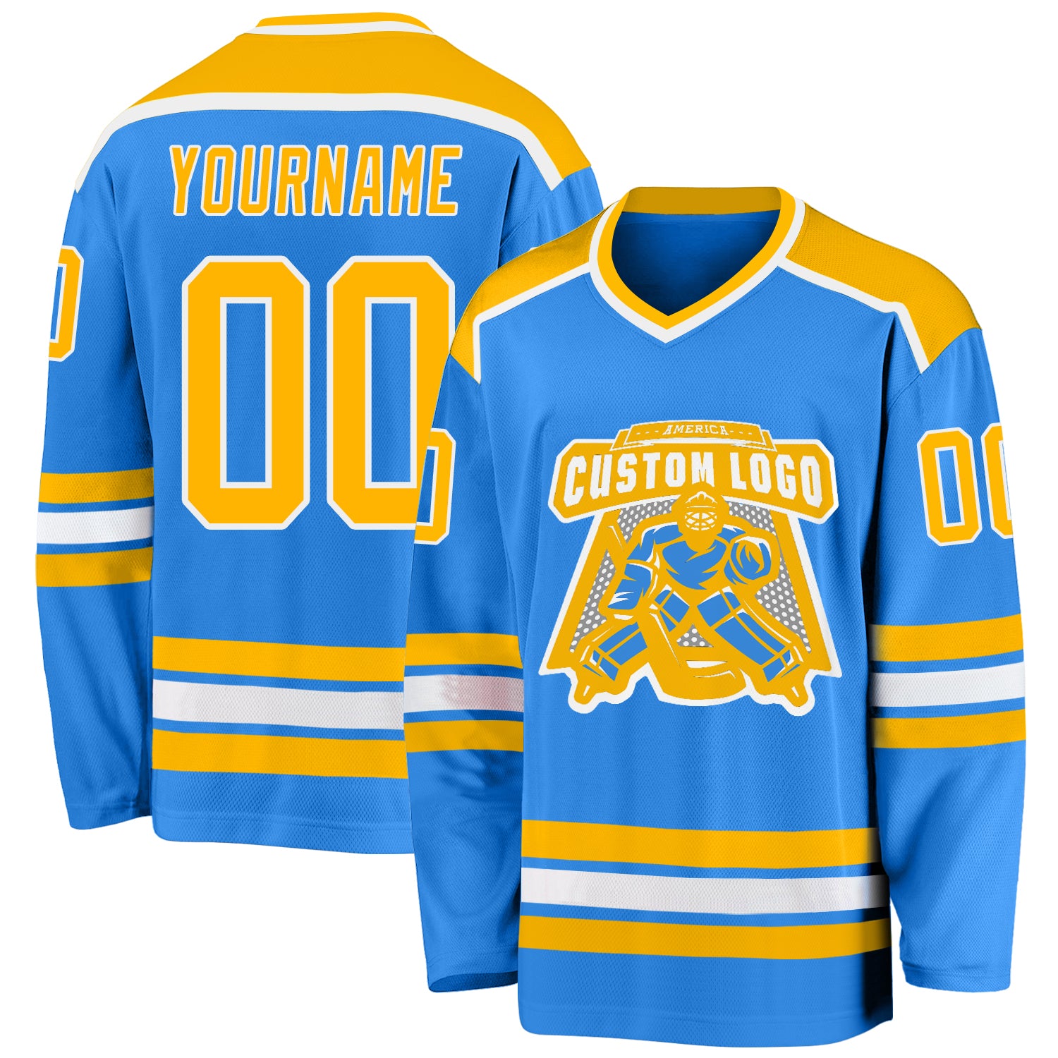 Custom Powder Blue Gold-White Hockey Jersey Custom Powder Blue Hockey Jersey with Gold and White Accents, Personalized Sports Apparel Custom Powder Blue Gold-White Hockey