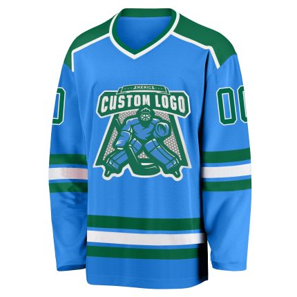 Custom Powder Blue Kelly Green White Hockey Jersey for Men and Women Custom Powder Blue Kelly Green-White Hockey Jersey
