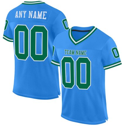 Custom Powder Blue Football Jersey - Authentic Throwback with Kelly Green and White Mesh Custom Powder Blue Kelly Green-White