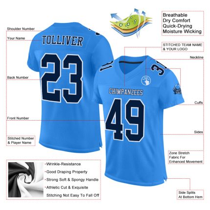Custom Powder Blue Navy White Authentic Football Jersey for Men Custom Powder Blue Navy-White Mesh Authentic Football Jersey