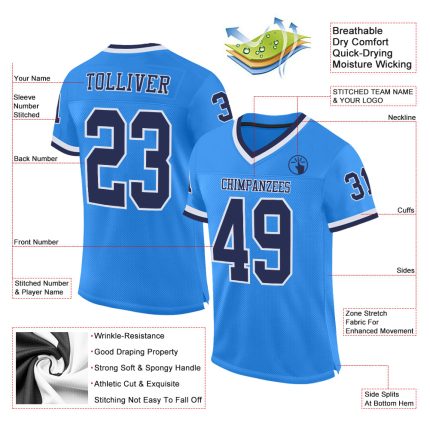 Custom powder blue, navy and white mesh throwback football jersey, back view