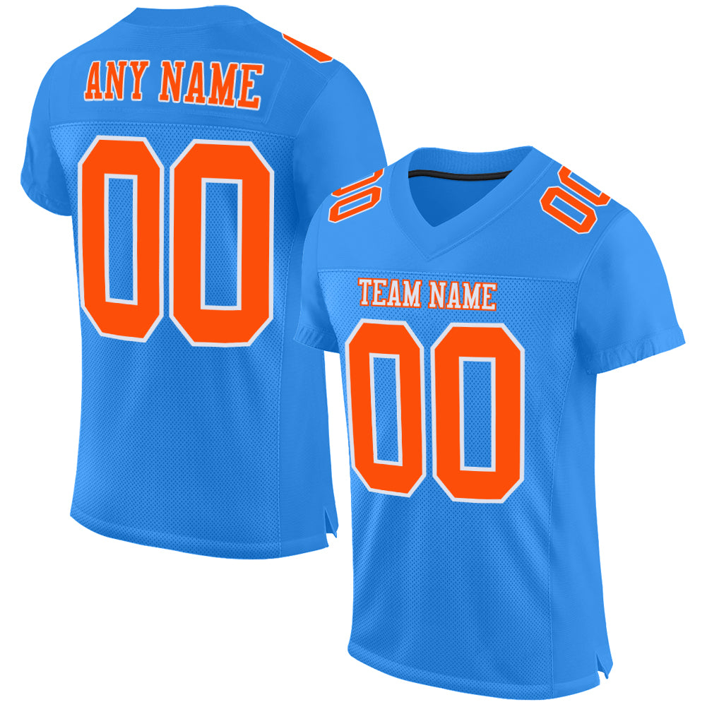 Custom Football Jersey in Powder Blue with Orange and White Mesh Authentic Design Custom Powder Blue Orange-White Mesh Authentic