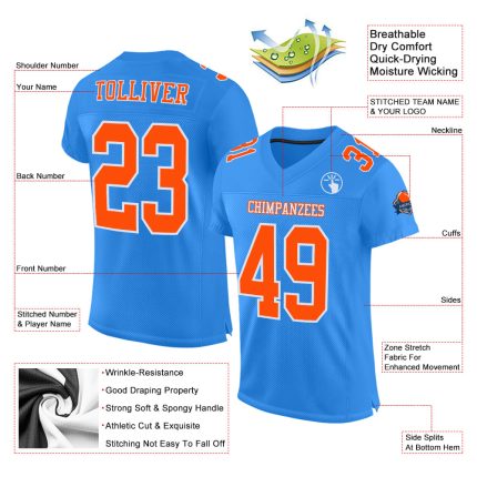 Custom Football Jersey in Powder Blue with Orange and White Mesh Authentic Design Custom Powder Blue Orange-White Mesh Authentic