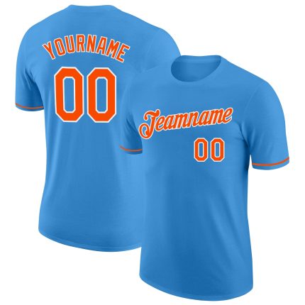 Custom Powder Blue Performance T-Shirt - Orange & White Design, Breathable Fabric for Ultimate Comfort Custom Powder Blue