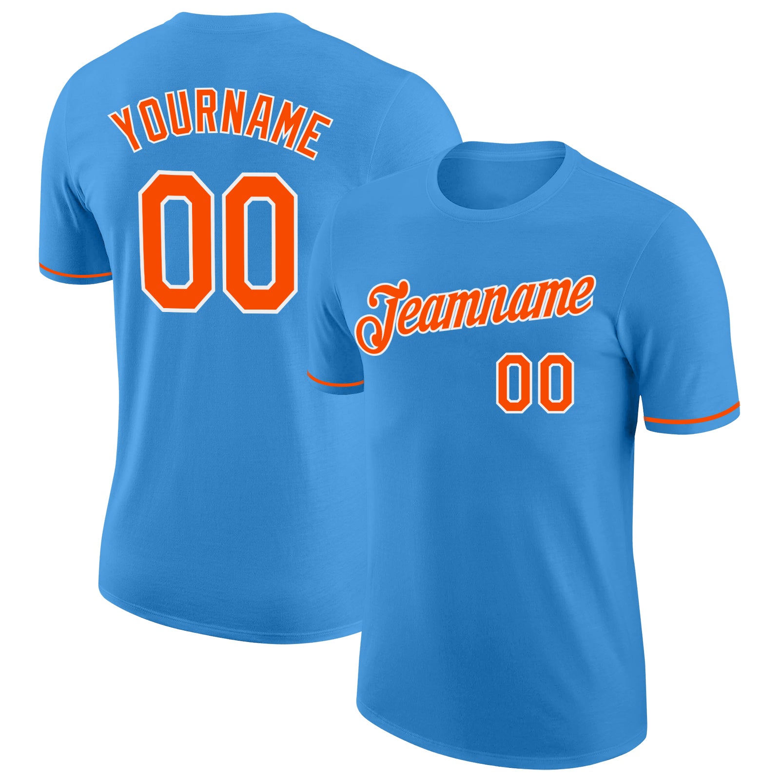 Custom Powder Blue Orange-White Performance T-Shirt Custom Powder Blue Performance T-Shirt - Orange & White Design, Breathable Fabric for Ultimate Comfort Custom Powder Blue