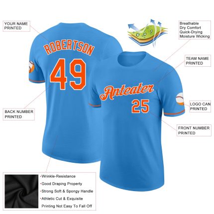 Custom Powder Blue Performance T-Shirt - Orange & White Design, Breathable Fabric for Ultimate Comfort Custom Powder Blue