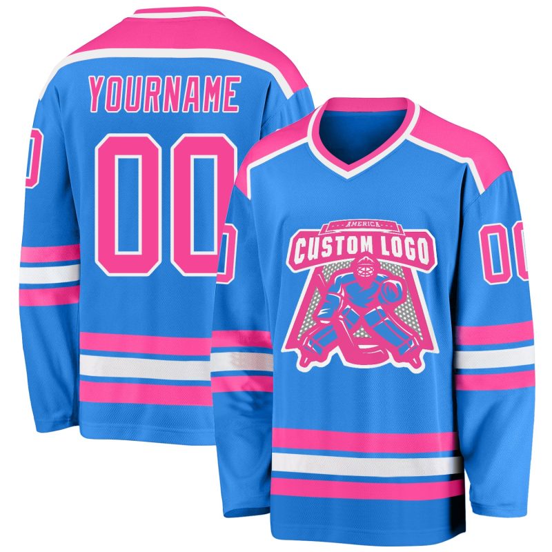 Custom Powder Blue Hockey Jersey with Pink-White Accents for Men and Women Custom Powder Blue Pink-White Hockey Jersey