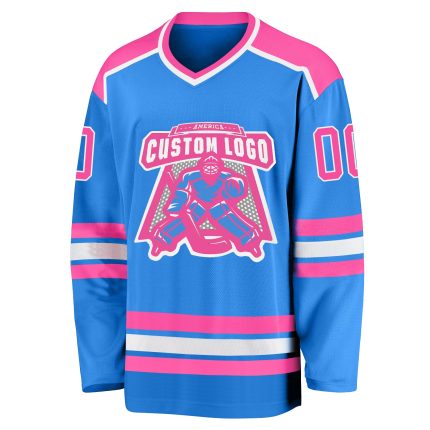 Custom Powder Blue Hockey Jersey with Pink-White Accents for Men and Women Custom Powder Blue Pink-White Hockey Jersey