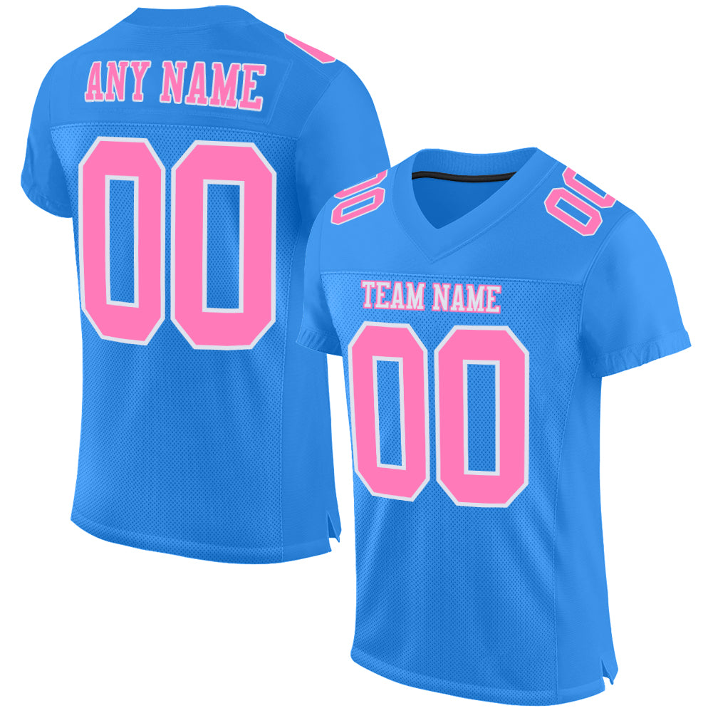 Custom Powder Blue Pink White Authentic Football Jersey - Customizable Mesh Design Custom Powder Blue Pink-White Mesh Authentic