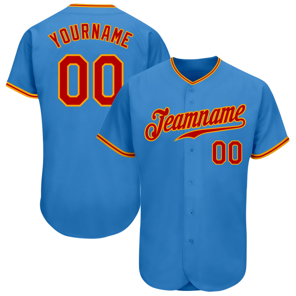 Custom Authentic Baseball Jersey in Powder Blue with Red and Gold Trim Custom Powder Blue Red-Gold Authentic Baseball Jersey