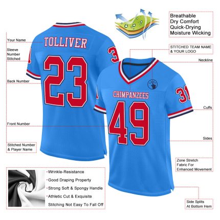 Powder Blue Football Jersey Custom Red-Navy Authentic Throwback Mesh Design Custom Powder Blue Red-Navy Mesh Authentic Throwback