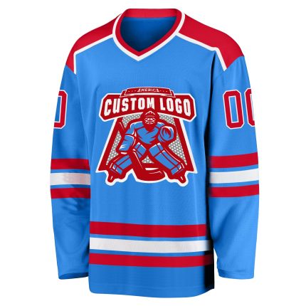 Powder Blue Custom Hockey Jersey - Red and White Team Uniform Custom Powder Blue Red-White Hockey Jersey