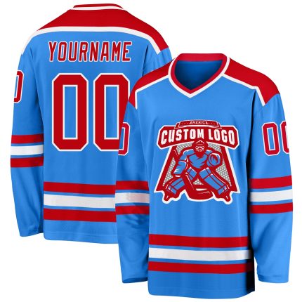 Powder Blue Custom Hockey Jersey - Red and White Team Uniform Custom Powder Blue Red-White Hockey Jersey