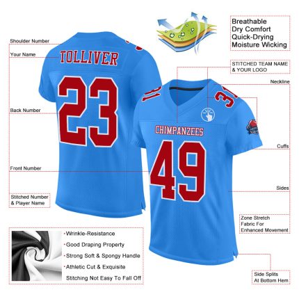 Custom Powder Blue Mesh Football Jersey - Red and White Authentic Design Custom Powder Blue Red-White Mesh Authentic Football