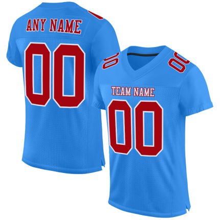 Custom Powder Blue Mesh Football Jersey - Red and White Authentic Design Custom Powder Blue Red-White Mesh Authentic Football