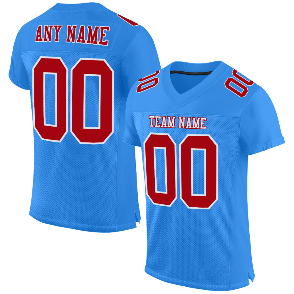 Custom Powder Blue Mesh Football Jersey - Red and White Authentic Design Custom Powder Blue Red-White Mesh Authentic Football