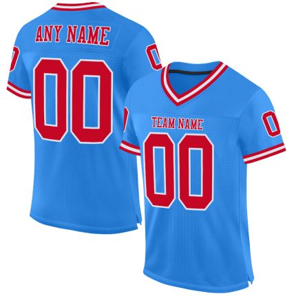 Custom Powder Blue Authentic Throwback Football Jersey - Red and White Mesh Design Custom Powder Blue Red-White Mesh Authentic
