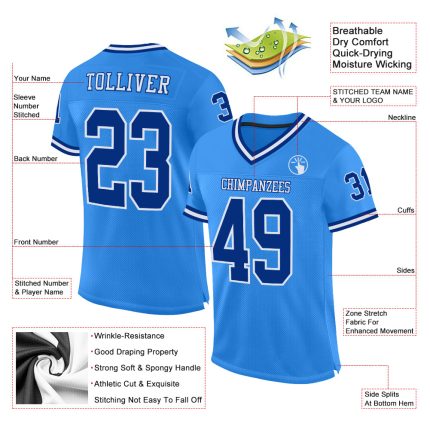 Custom powder blue, royal and white mesh throwback football jersey, back view