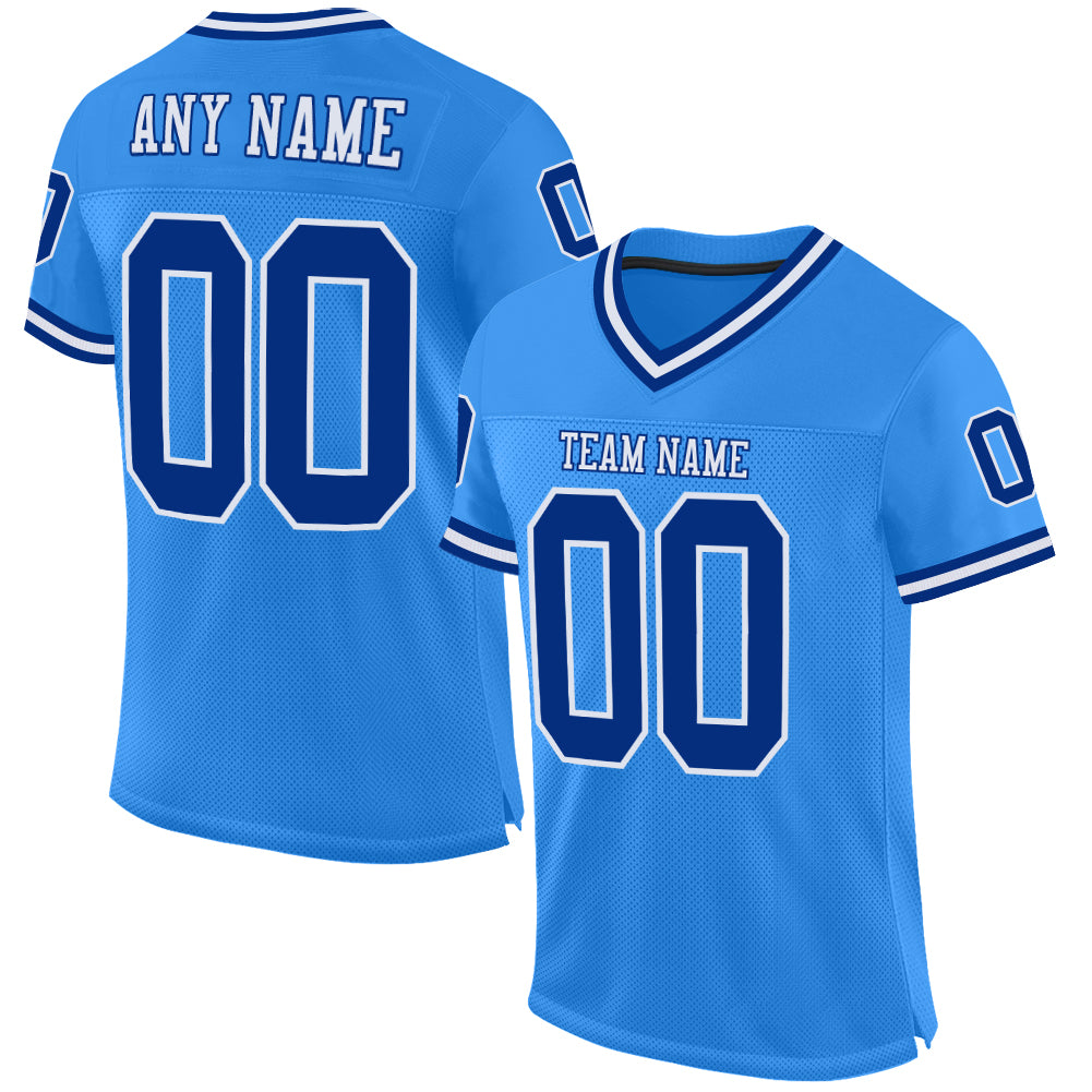 Custom Powder Blue Royal-White Mesh Authentic Throwback Football Jersey Custom powder blue, royal and white mesh throwback football jersey