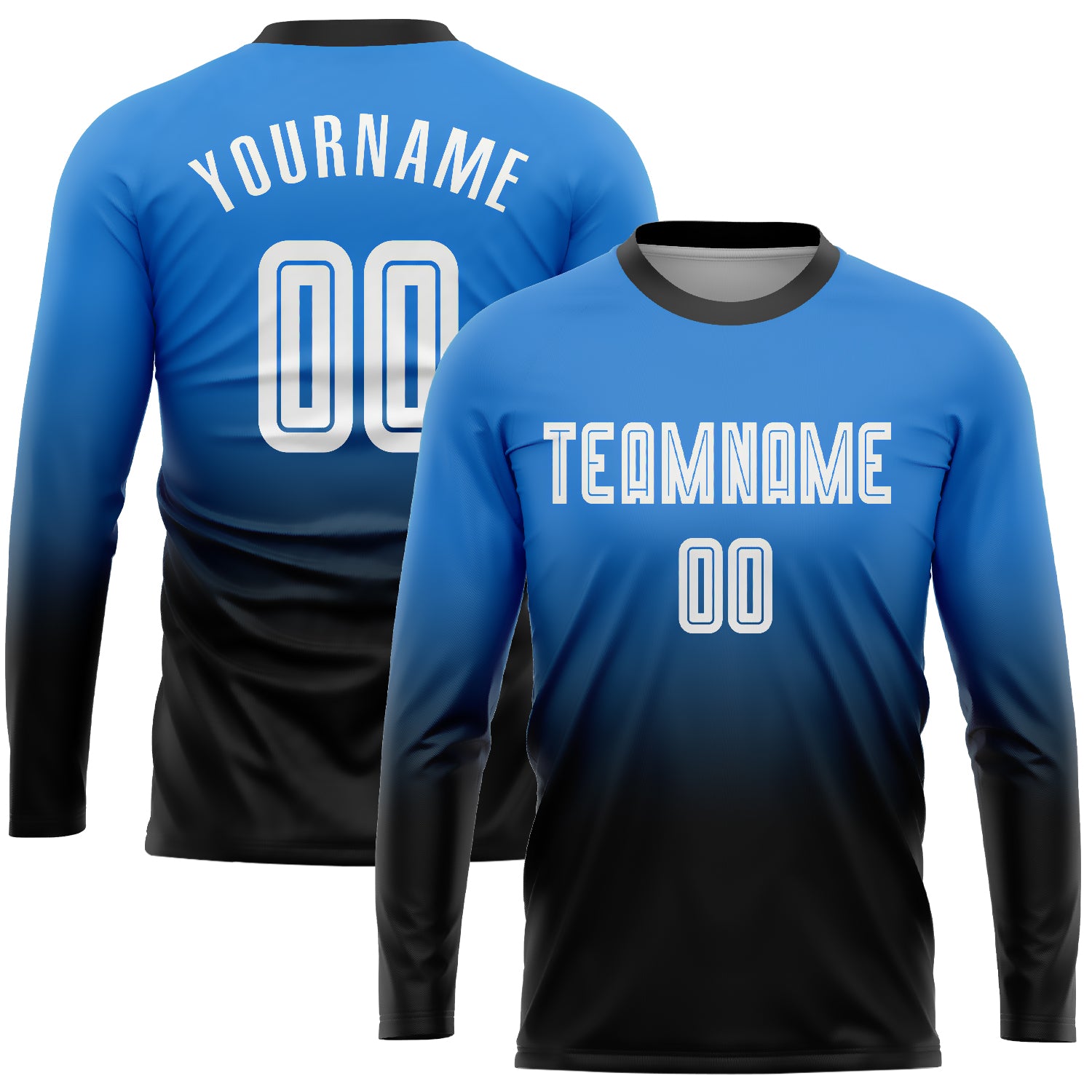 Custom Powder Blue Soccer Jersey - White-Black Sublimation Long Sleeve Fade Fashion Uniform Custom Powder Blue White-Black