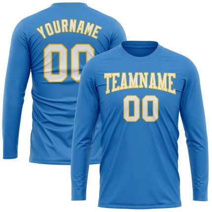 Custom Powder Blue White Gold Long Sleeve Performance Tee for Men and Women Custom Powder Blue White Gold Long Sleeve Performance