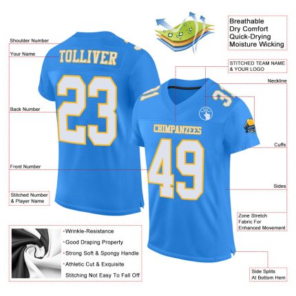 Custom Powder Blue White Gold Mesh Authentic Football Jersey for Fans Custom Powder Blue White-Gold Mesh Authentic Football