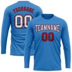 Custom Performance Long Sleeve T-Shirt in Powder Blue, White, Red-Navy Colors Custom Powder Blue White Red-Navy Long Sleeve