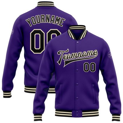 Custom Purple Black-Cream Bomber Varsity Jacket Full-Snap Letterman Style Custom Purple Black-Cream Bomber Full-Snap Varsity