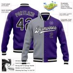 Custom Purple Black Gray Varsity Letterman Bomber Jacket Full-Snap Fashion Design Custom Purple Black-Gray Bomber Full-Snap