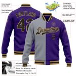 Custom Bomber Jacket in Purple Black Gray and Old Gold, Full-Snap Varsity Letterman Split Fashion Style Custom Purple Black