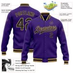 Custom Bomber Varsity Letterman Jacket in Purple Black and Old Gold Custom Purple Black-Old Gold Bomber Full-Snap Varsity