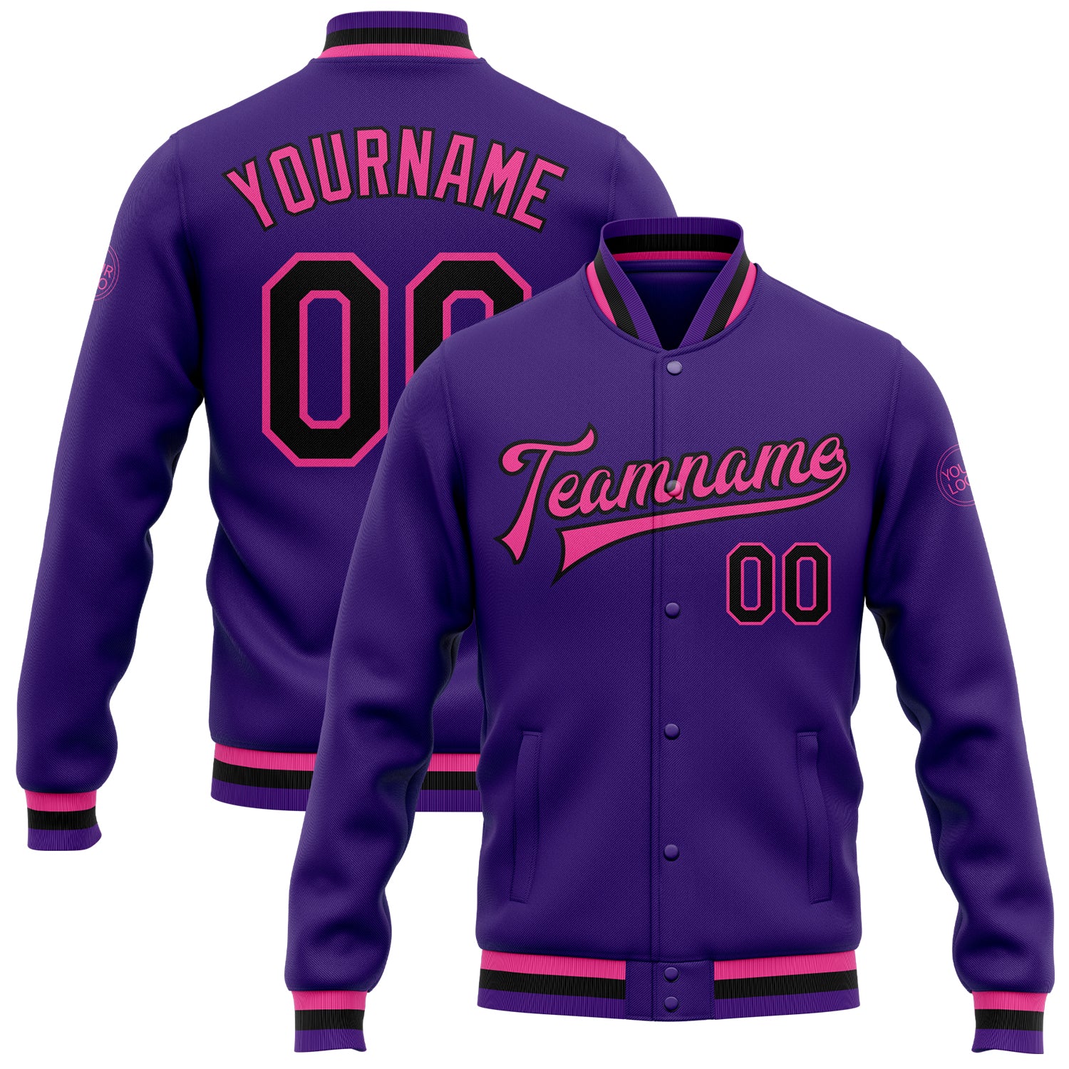 Custom Bomber Jacket Purple Black Pink Full-Snap Varsity Letterman Custom Purple Black-Pink Bomber Full-Snap Varsity Letterman