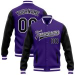 Custom Two Tone Purple Black White Varsity Letterman Bomber Jacket Full-Snap Design Custom Purple Black-White Bomber Full-Snap